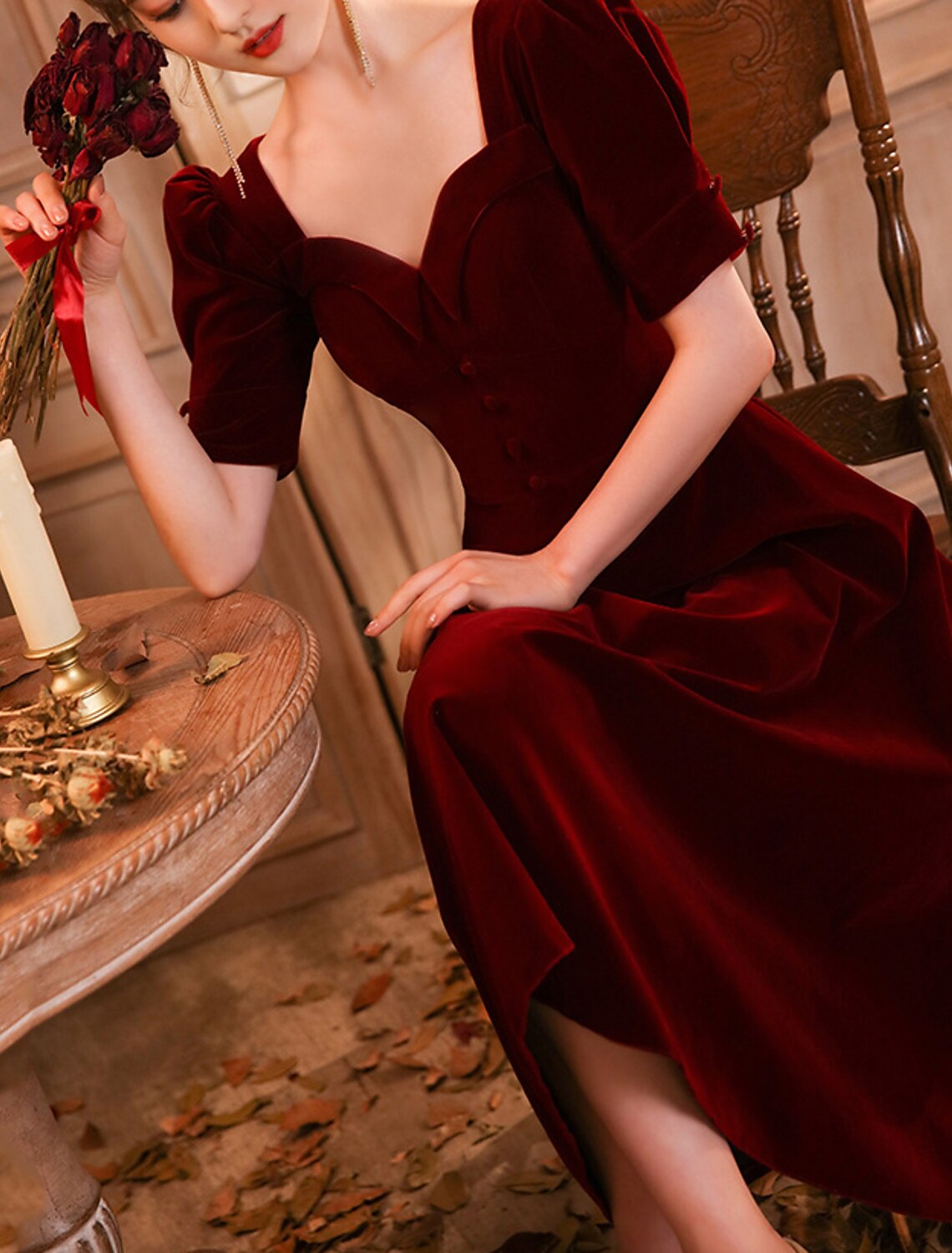 Robe de cocktail trapèze élégante, robe de soirée élégante, longueur thé, manches mi-longues, col rond, velours avec boutons